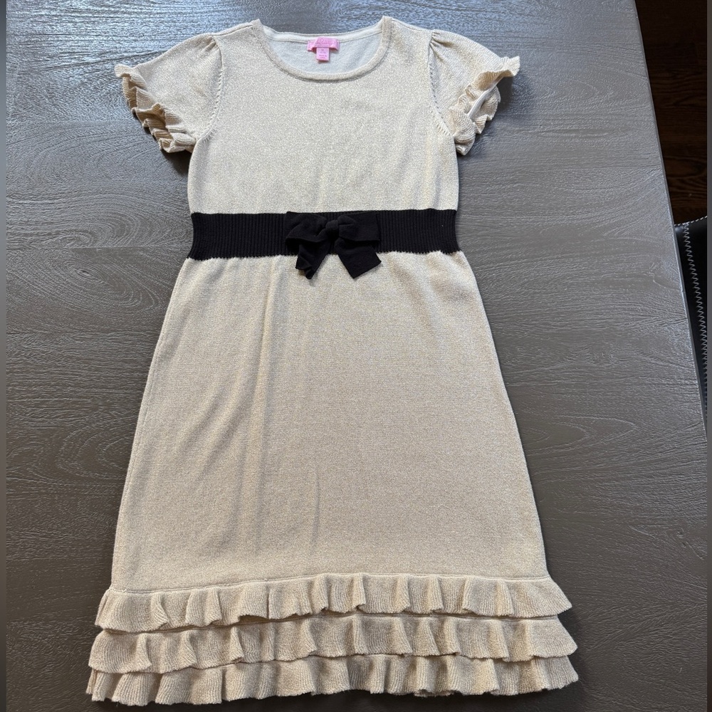 Lilly Pulitzer Girl’s Rita Ruffled Sweater Dress, Cameo White Gold, XL (12-14)